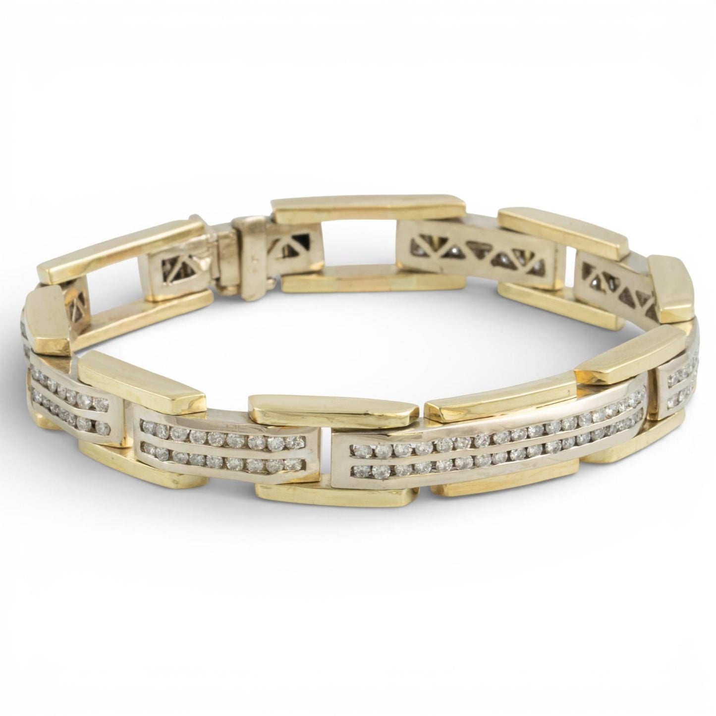 14k White & Yellow Gold Two Row Diamond Bar Link Station Bracelet 3.00ctw 8.25"