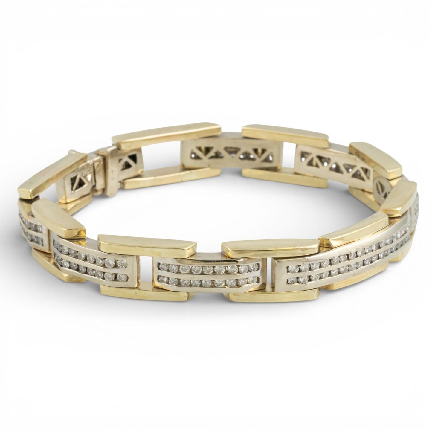 14k White & Yellow Gold Two Row Diamond Bar Link Station Bracelet 3.00ctw 8.25"