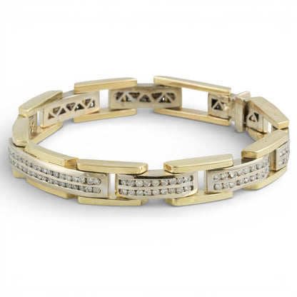 14k White & Yellow Gold Two Row Diamond Bar Link Station Bracelet 3.00ctw 8.25"