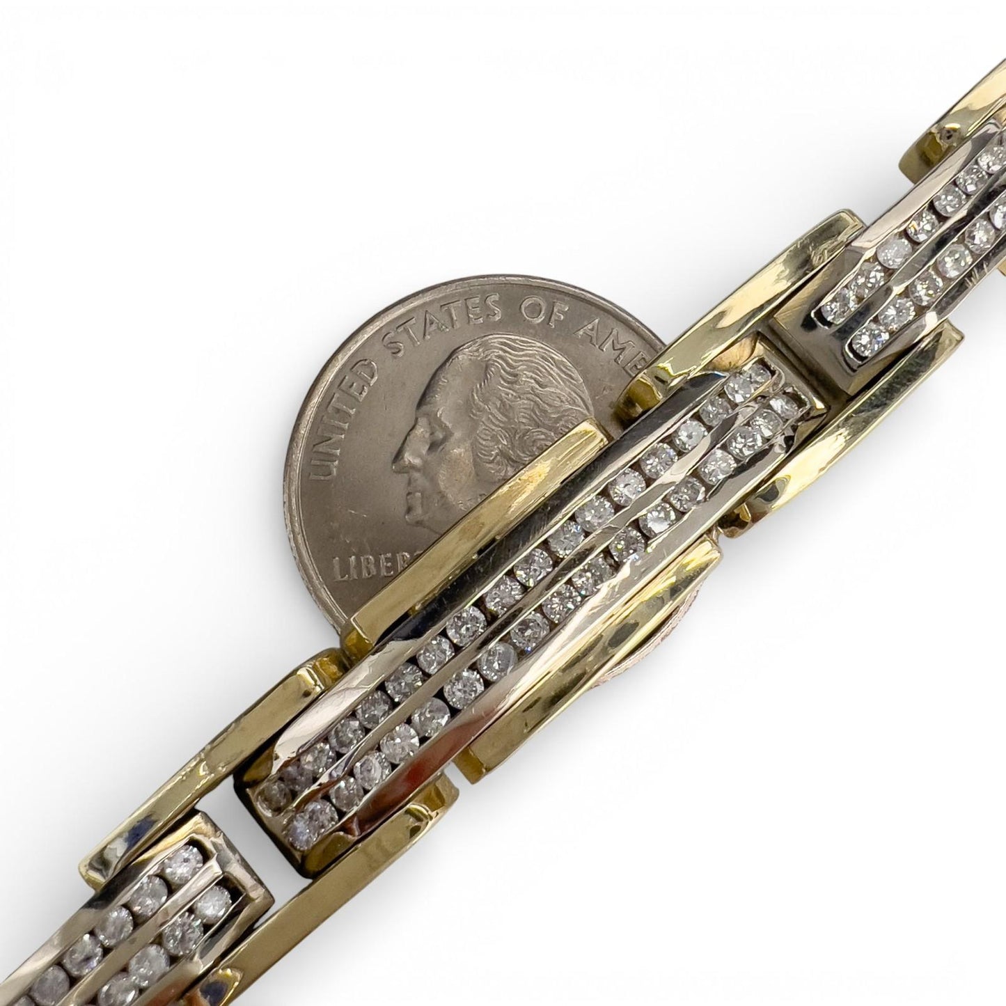 14k White & Yellow Gold Two Row Diamond Bar Link Station Bracelet 3.00ctw 8.25"
