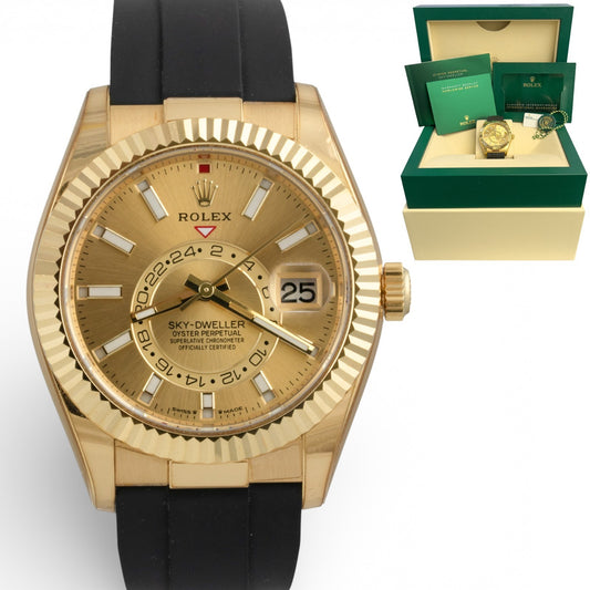 Rolex Sky-Dweller 18k Yellow Gold Champagne Oysterflex 42mm 336238 BOX + PAPERS
