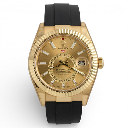 Rolex Sky-Dweller 18k Yellow Gold Champagne Oysterflex 42mm 336238 BOX + PAPERS