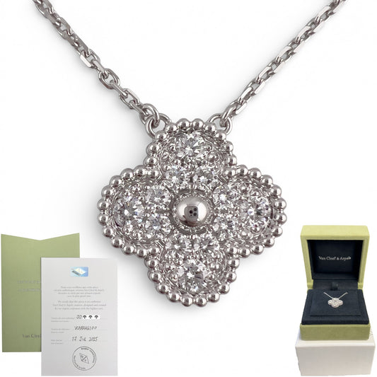 Van Cleef Arpels Vintage Alhambra 18k White Gold Diamond Necklace 16.5" BOX CARD