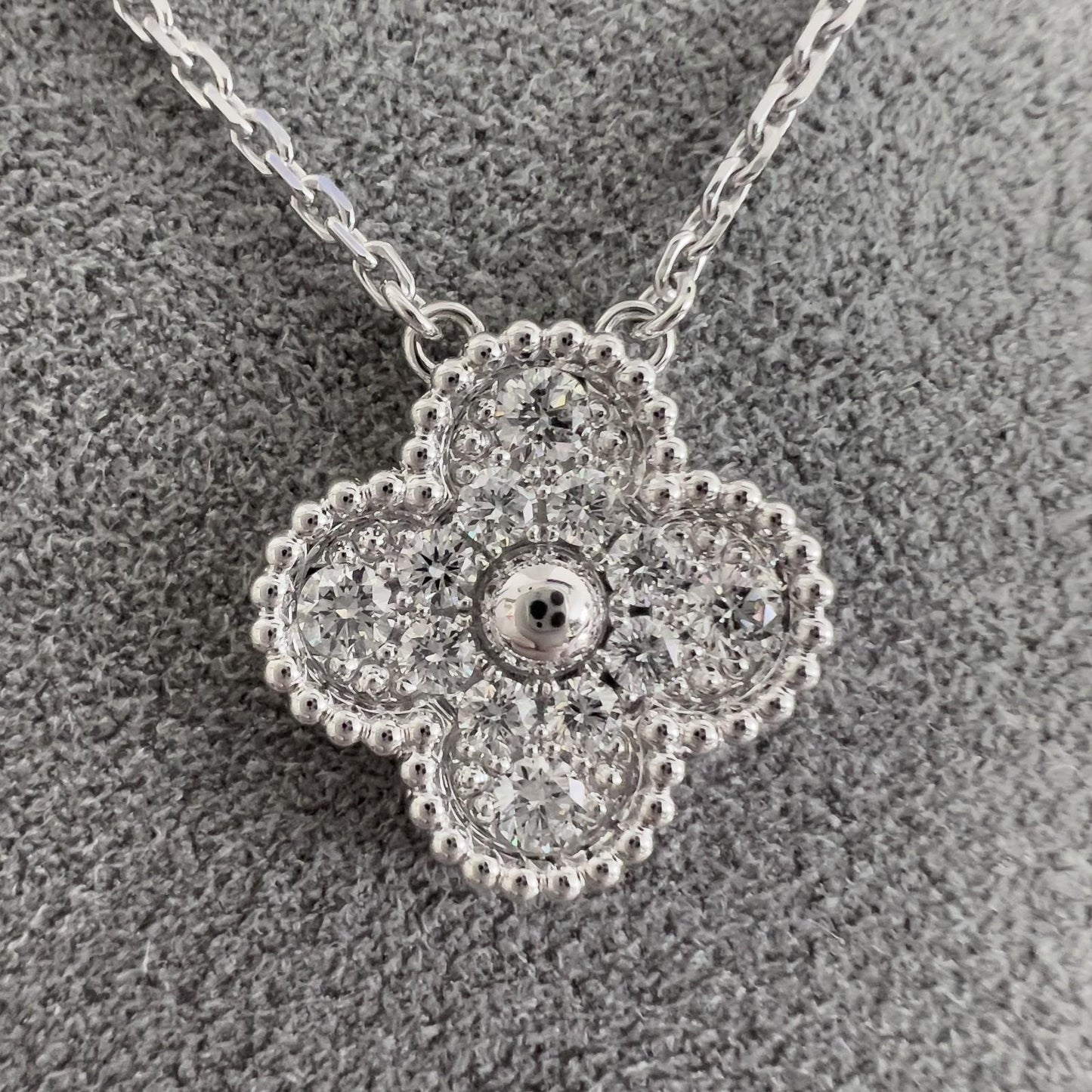 Van Cleef Arpels Vintage Alhambra 18k White Gold Diamond Necklace 16.5" BOX CARD