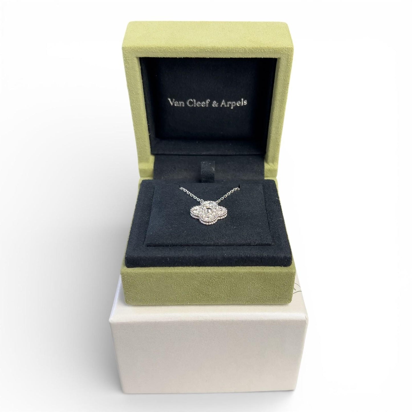 Van Cleef Arpels Vintage Alhambra 18k White Gold Diamond Necklace 16.5" BOX CARD