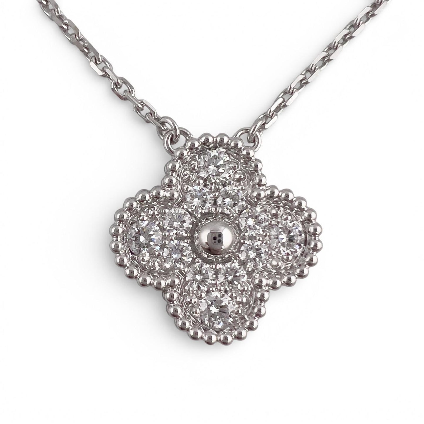 Van Cleef Arpels Vintage Alhambra 18k White Gold Diamond Necklace 16.5" BOX CARD