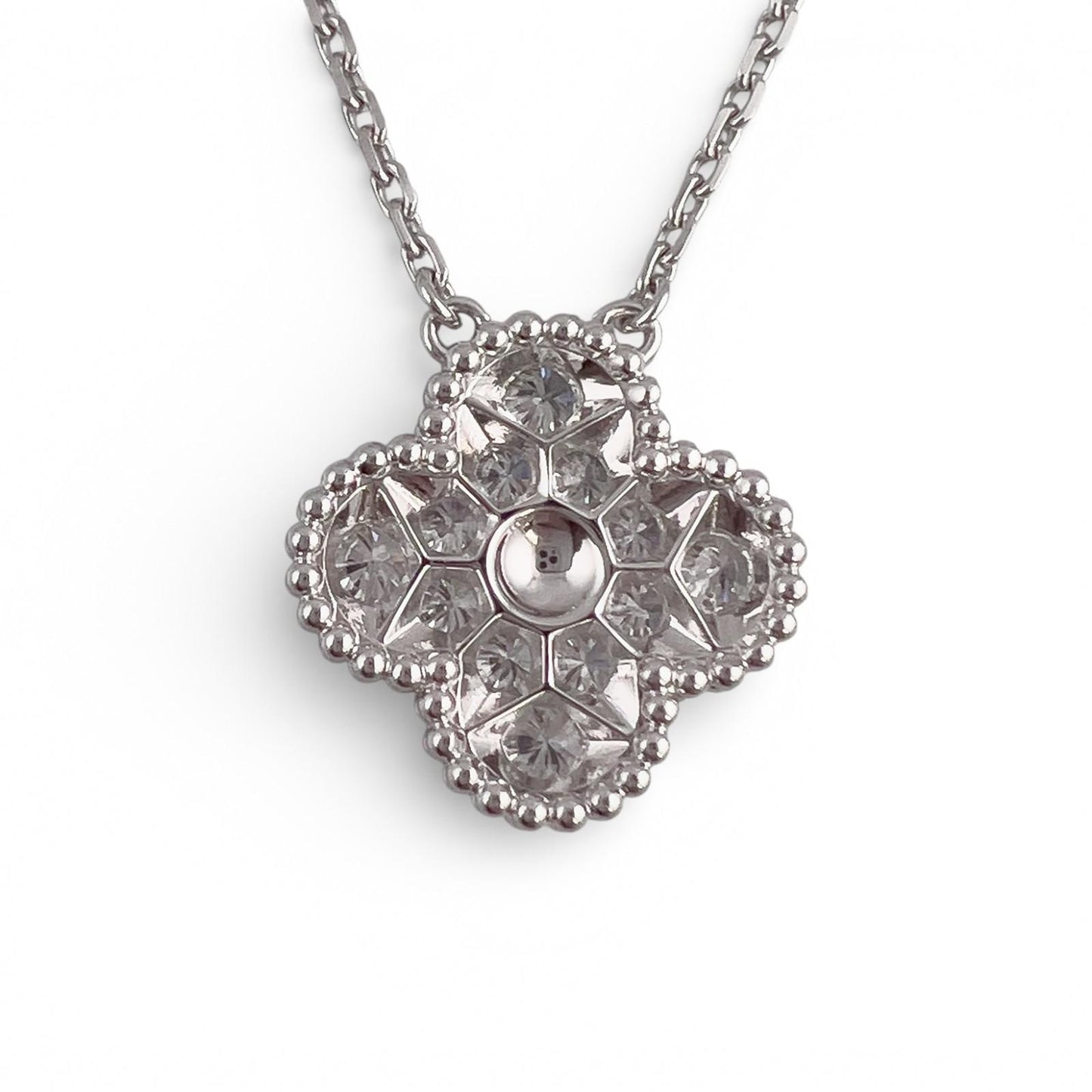 Van Cleef Arpels Vintage Alhambra 18k White Gold Diamond Necklace 16.5" BOX CARD