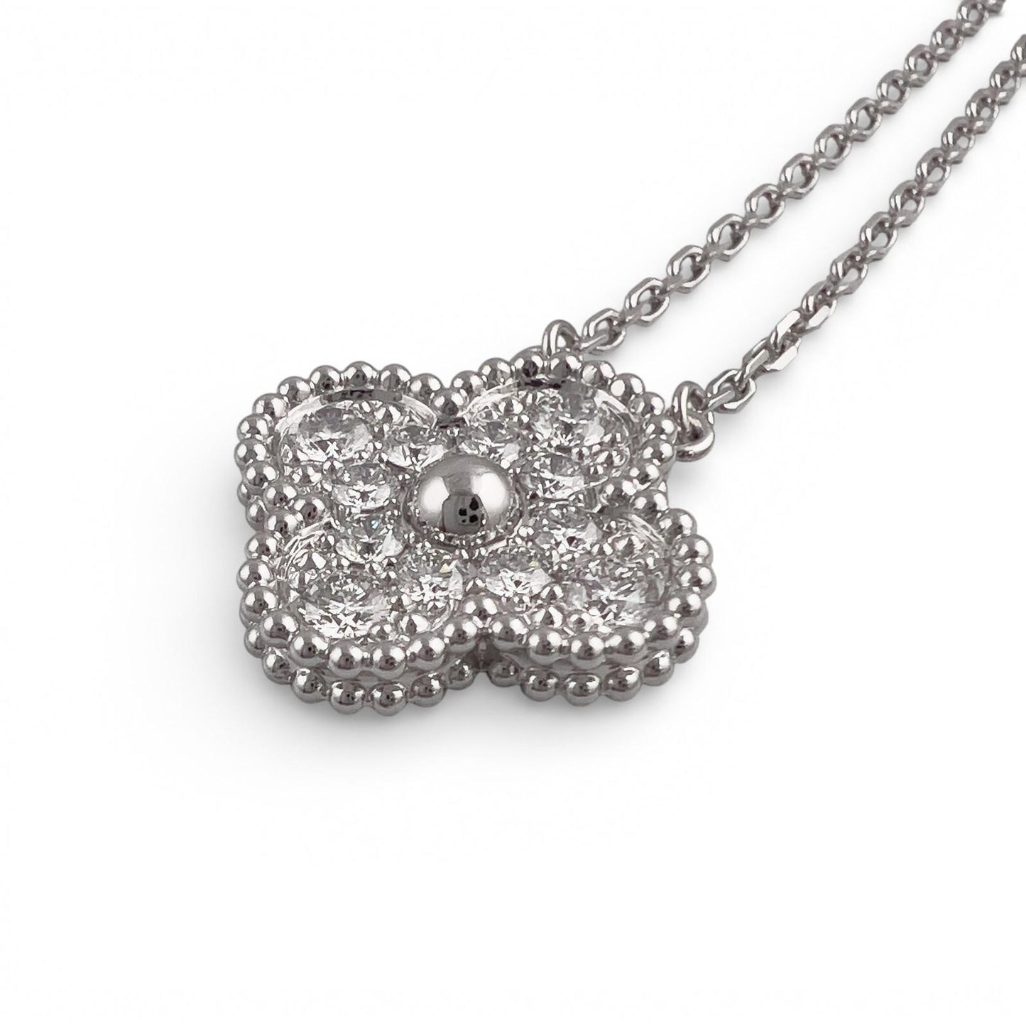 Van Cleef Arpels Vintage Alhambra 18k White Gold Diamond Necklace 16.5" BOX CARD