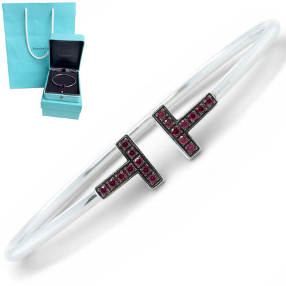 Tiffany & Co. Ruby Square T 18k White Gold Bangle Bracelet Italy GIFT BAG + BOX