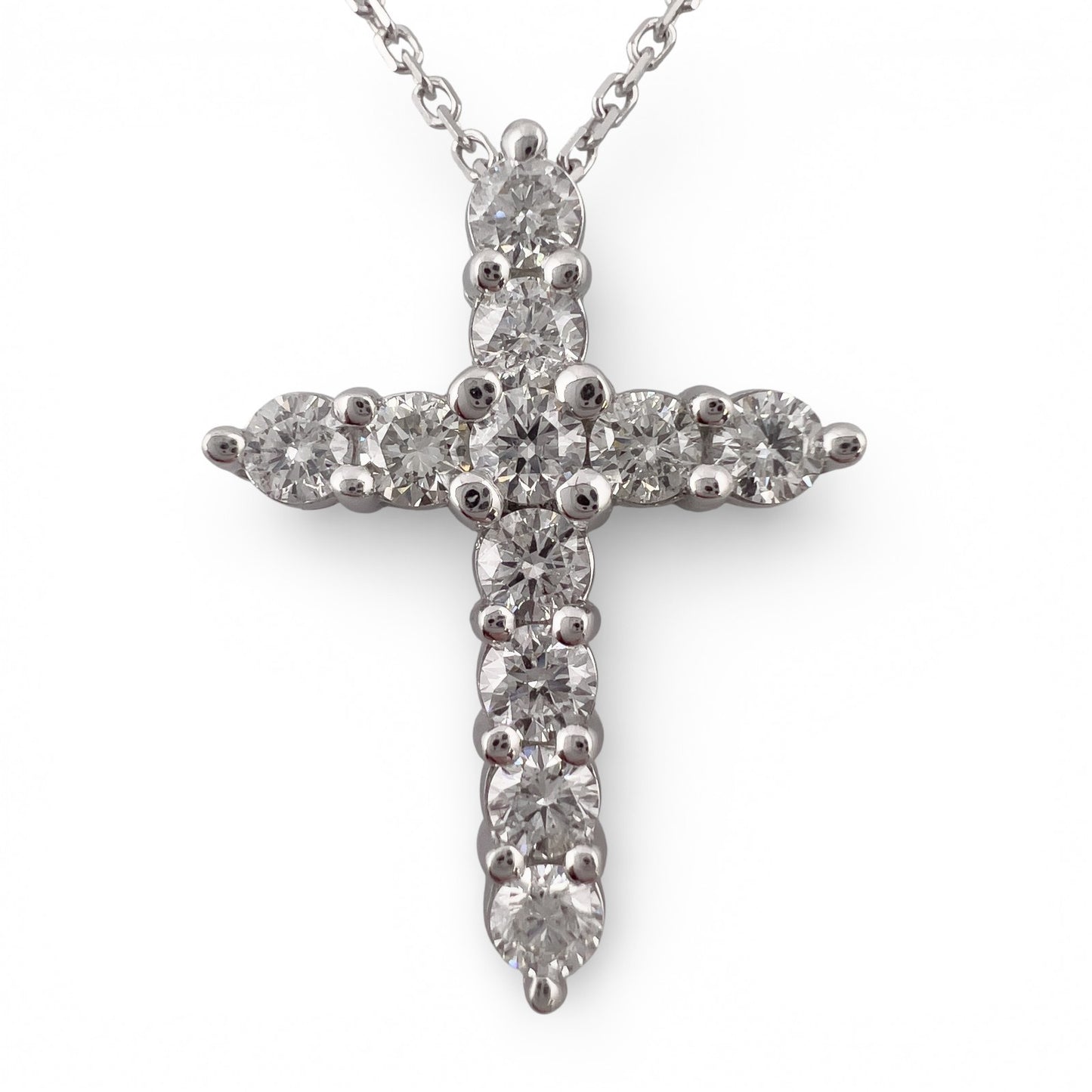 14k White Gold 11 Stone Diamond Cross Pendant Necklace 1.21ctw H-I SI2 4.7g