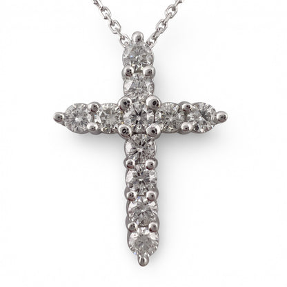 14k White Gold 11 Stone Diamond Cross Pendant Necklace 1.21ctw H-I SI2 4.7g