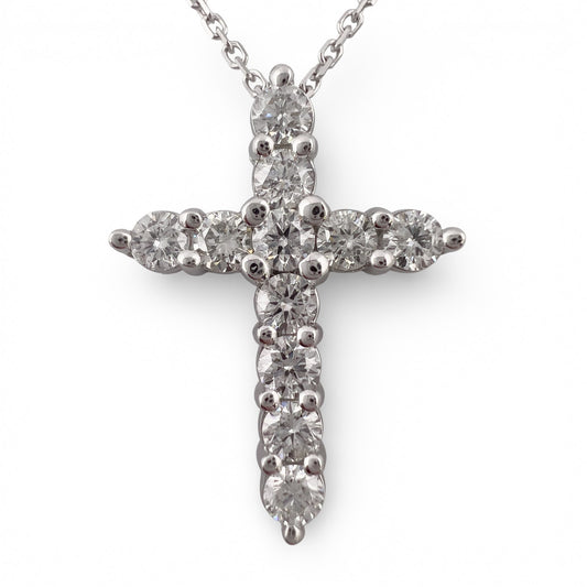 14k White Gold 11 Stone Diamond Cross Pendant Necklace 1.21ctw H-I SI2 4.7g