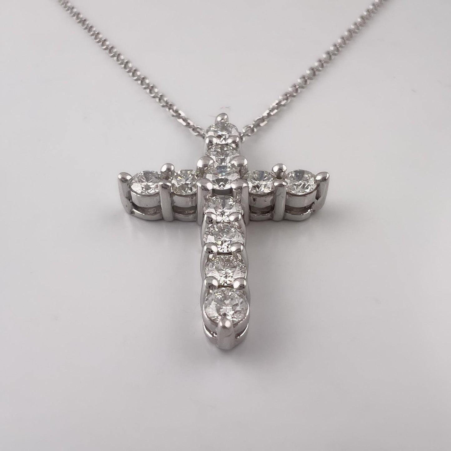 14k White Gold 11 Stone Diamond Cross Pendant Necklace 1.21ctw H-I SI2 4.7g