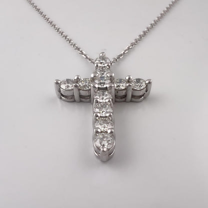 14k White Gold 11 Stone Diamond Cross Pendant Necklace 1.21ctw H-I SI2 4.7g