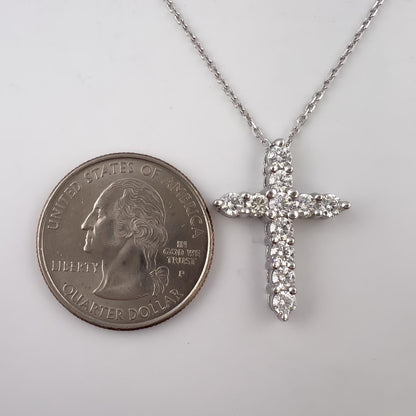 14k White Gold 11 Stone Diamond Cross Pendant Necklace 1.21ctw H-I SI2 4.7g
