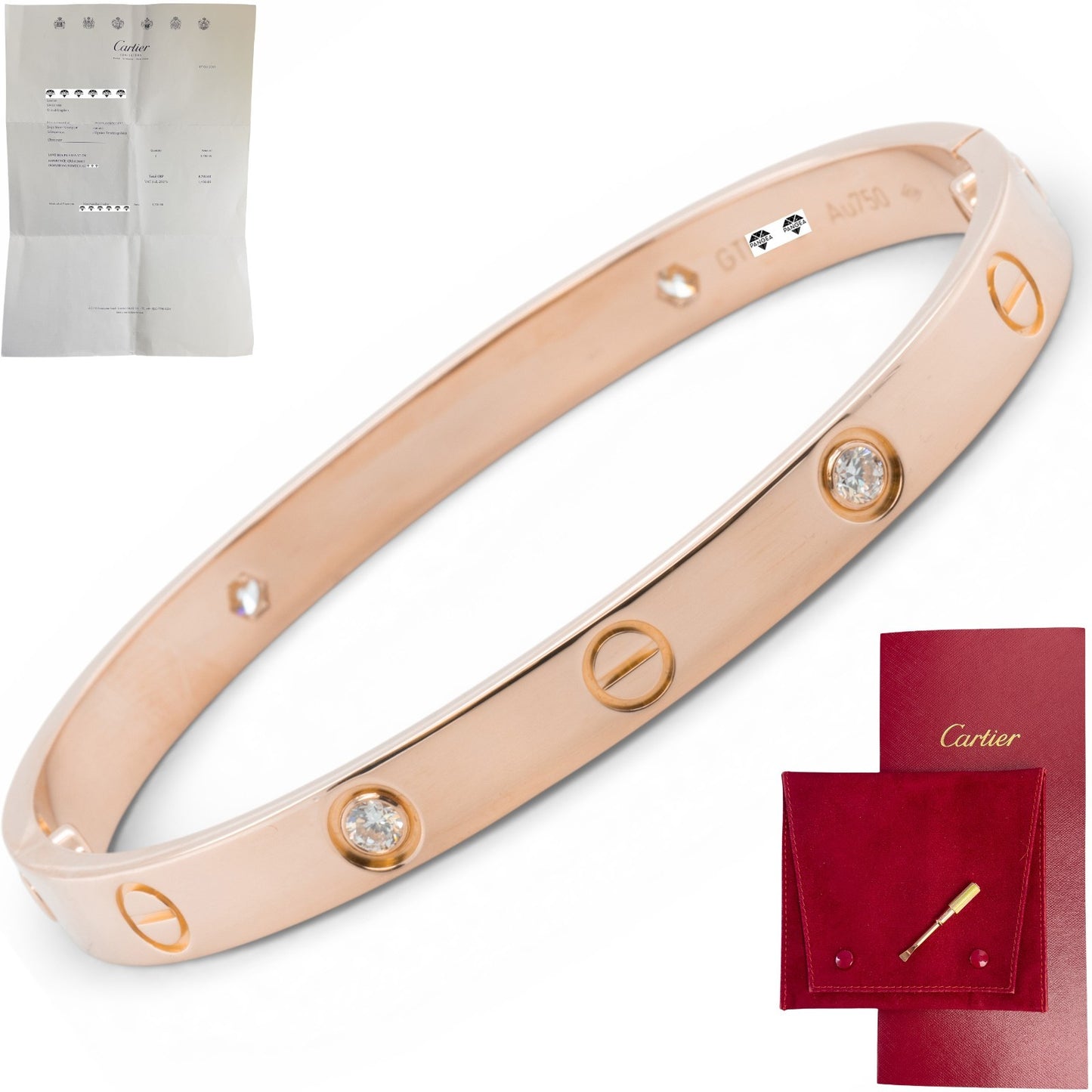 Cartier LOVE 18k Rose Gold 4 Diamond Classic Bracelet Size 17 POUCH & RECEIPT