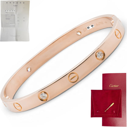 Cartier LOVE 18k Rose Gold 4 Diamond Classic Bracelet Size 17 POUCH & RECEIPT