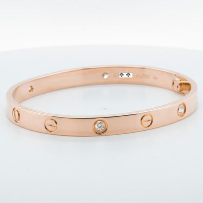 Cartier LOVE 18k Rose Gold 4 Diamond Classic Bracelet Size 17 POUCH & RECEIPT