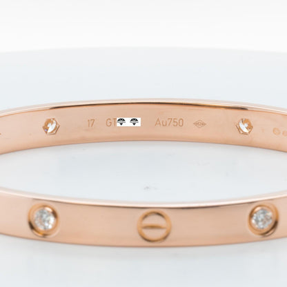Cartier LOVE 18k Rose Gold 4 Diamond Classic Bracelet Size 17 POUCH & RECEIPT
