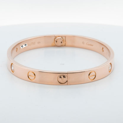 Cartier LOVE 18k Rose Gold 4 Diamond Classic Bracelet Size 17 POUCH & RECEIPT