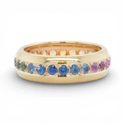 18k Yellow Gold Multi Color Sapphire Rainbow Eternity Band 1.36ctw Ring Size 5.5