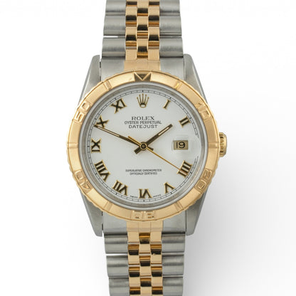 Rolex DateJust Thunderbird 16263 18k & Stainless White Roman Turn-O-Graph 36mm