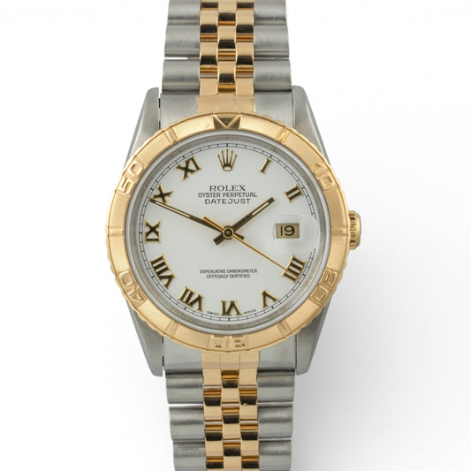 Rolex DateJust Thunderbird 16263 18k & Stainless White Roman Turn-O-Graph 36mm