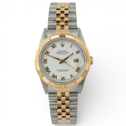 Rolex DateJust Thunderbird 16263 18k & Stainless White Roman Turn-O-Graph 36mm