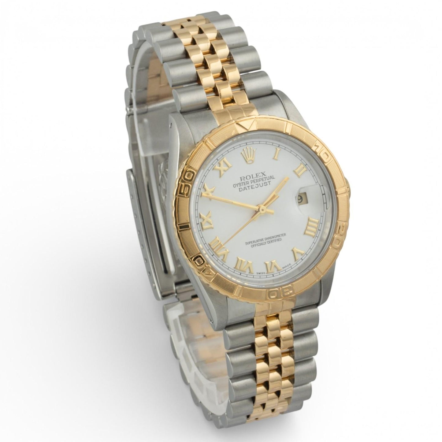 Rolex DateJust Thunderbird 16263 18k & Stainless White Roman Turn-O-Graph 36mm