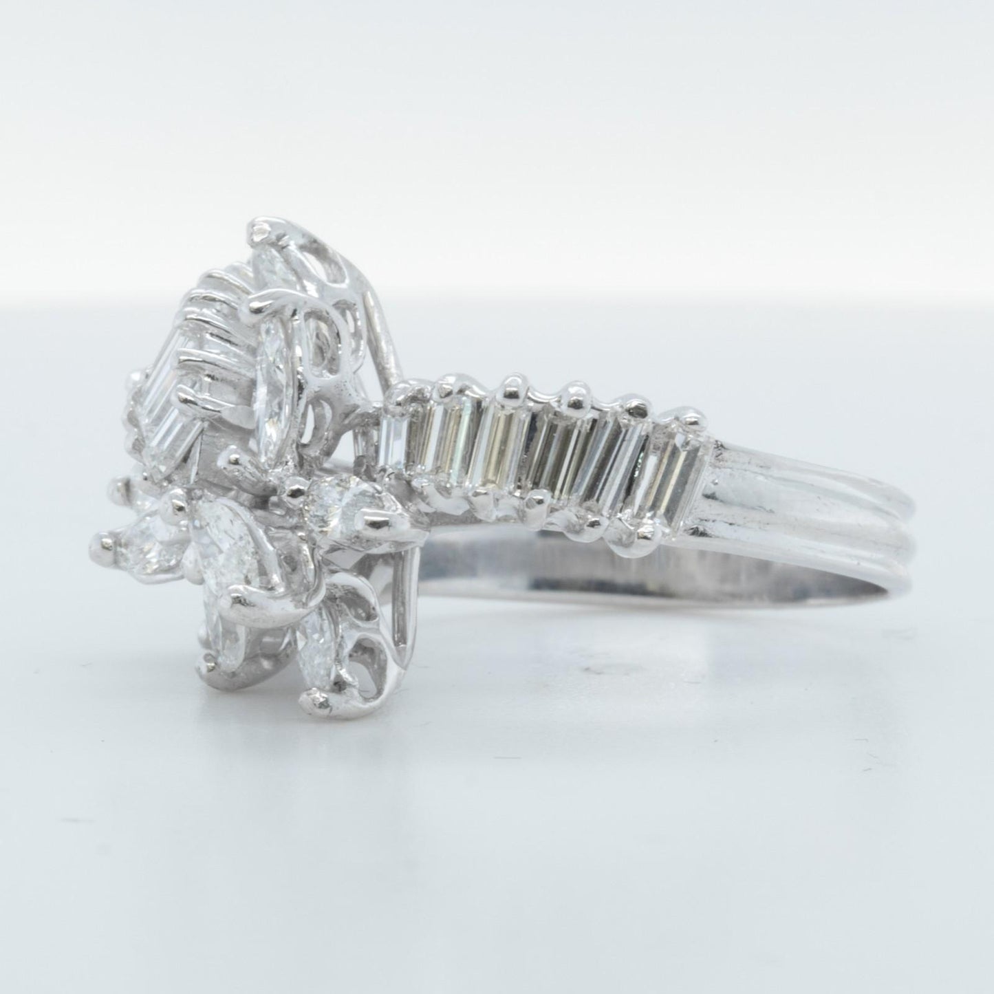 14k White Gold Marquise & Straight Baguette Diamond Cocktail Ring 1.20ctw Size 5