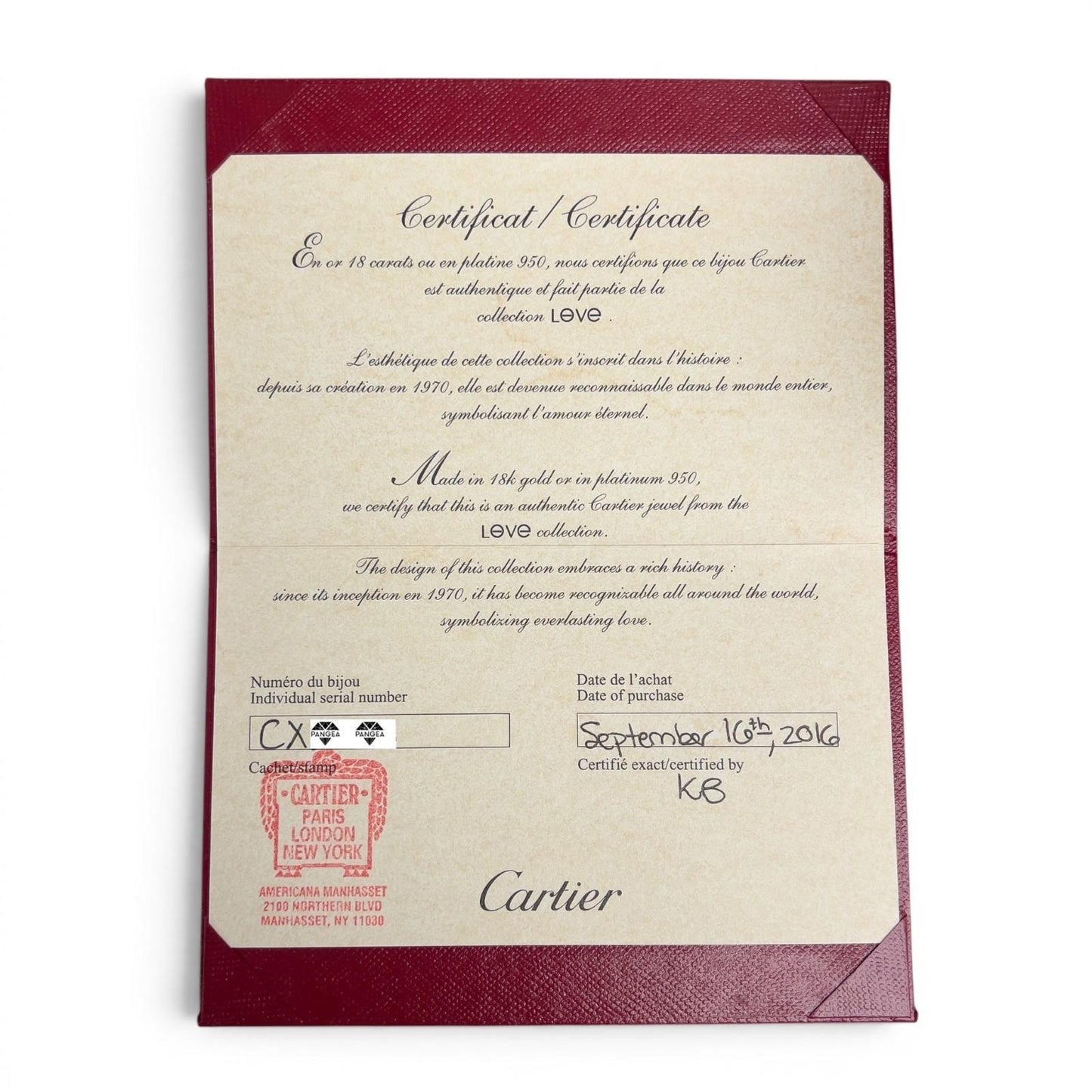 Cartier Love Classic 18k White Gold Bracelet Size 16 RECEIPT BOX & CERT 2016