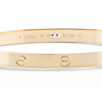 Cartier LOVE 18k Yellow Gold Bangle Bracelet Size 20 POUCH & SERVICE RECIEPT