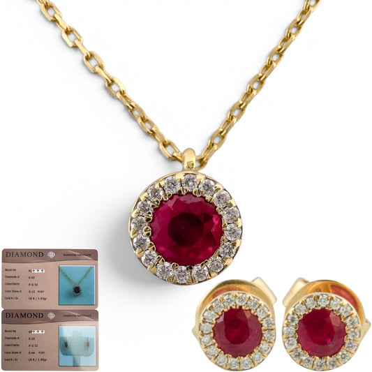 18k Yellow Gold 0.56ctw Ruby Diamond Halo Necklace & Earrings Set 0.15ctw F-G SI