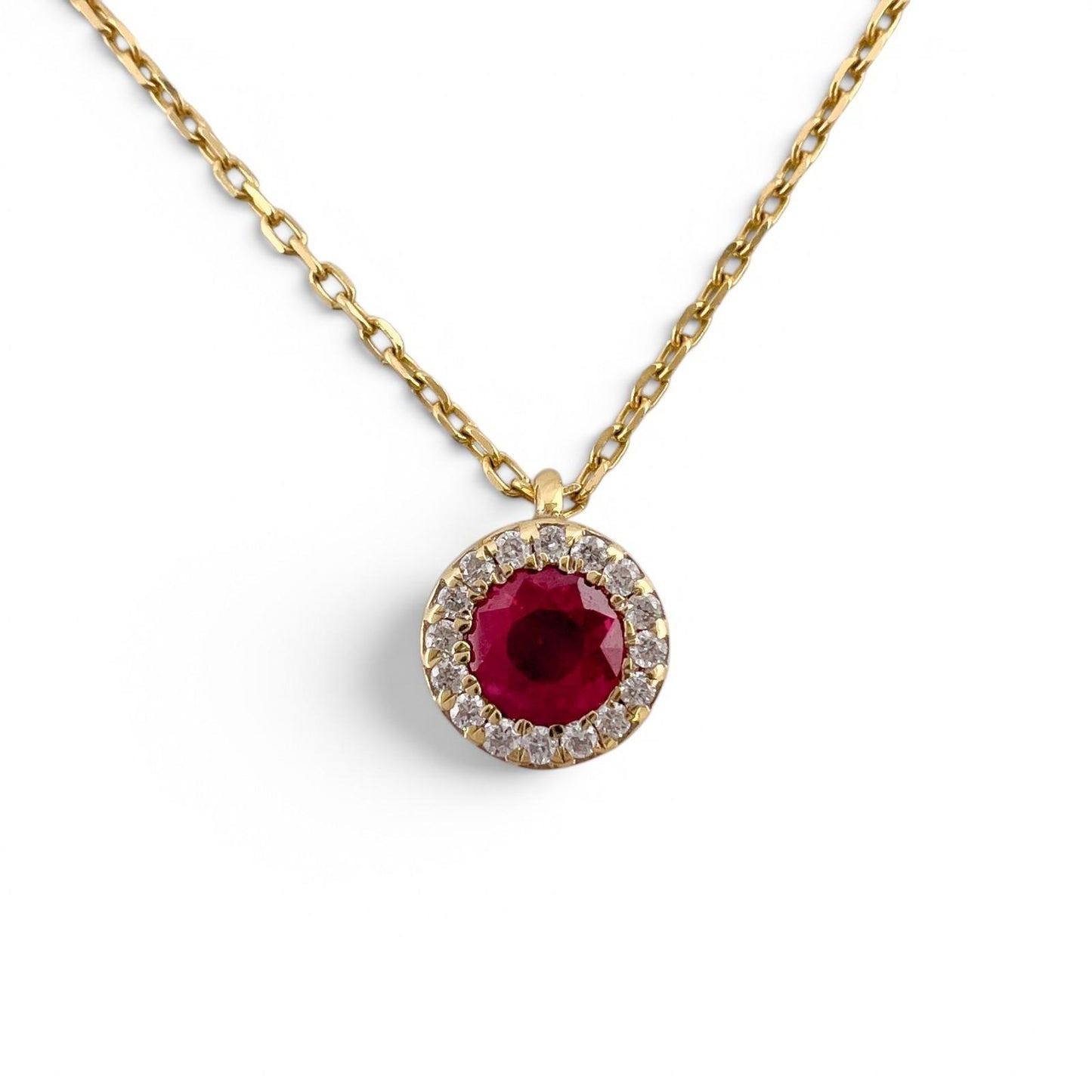 18k Yellow Gold 0.56ctw Ruby Diamond Halo Necklace & Earrings Set 0.15ctw F-G SI