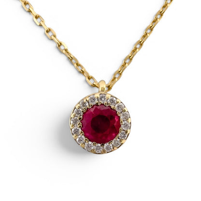 18k Yellow Gold 0.56ctw Ruby Diamond Halo Necklace & Earrings Set 0.15ctw F-G SI