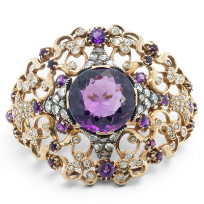 Antique Victorian Ornate Diamond & Gem 14k Yellow Gold Hinged Bracelet Size 6.5"