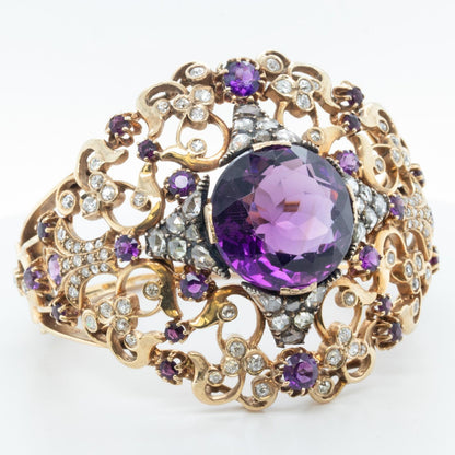 Antique Victorian Ornate Diamond & Gem 14k Yellow Gold Hinged Bracelet Size 6.5"
