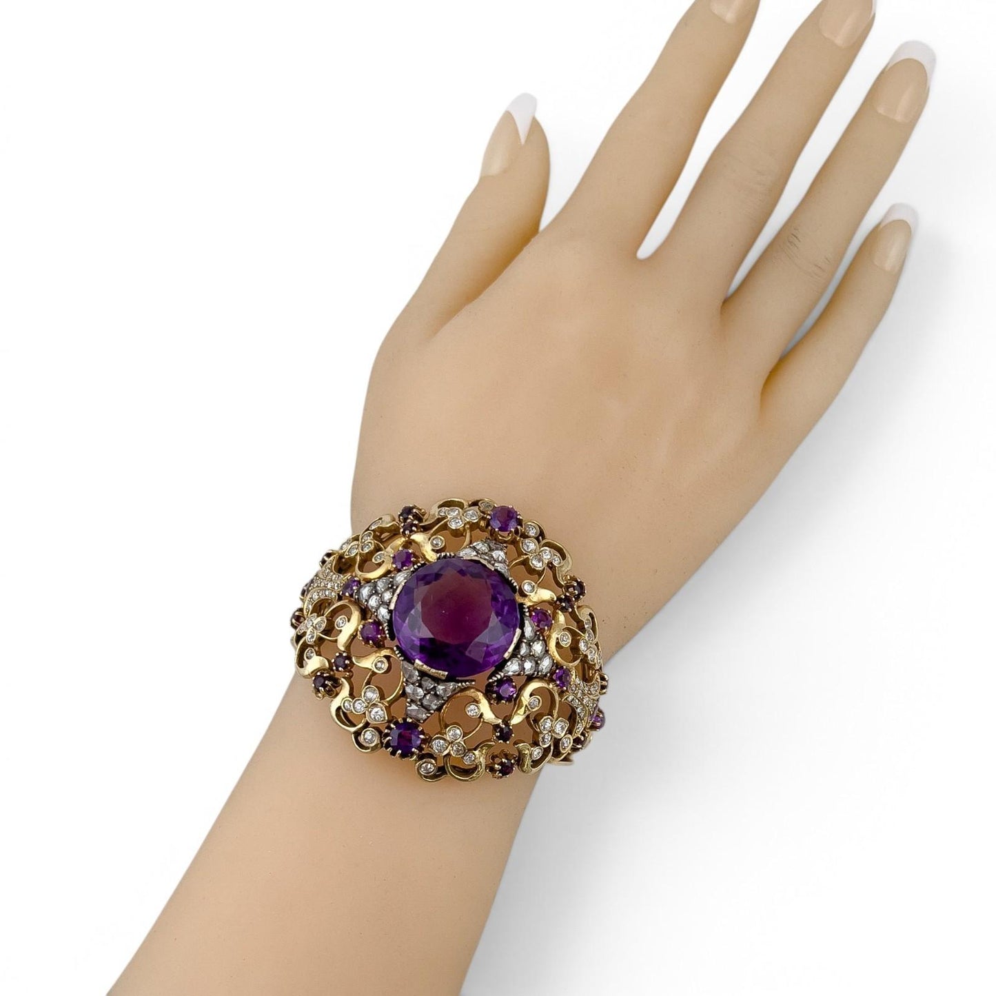 Antique Victorian Ornate Diamond & Gem 14k Yellow Gold Hinged Bracelet Size 6.5"