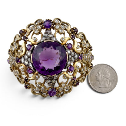 Antique Victorian Ornate Diamond & Gem 14k Yellow Gold Hinged Bracelet Size 6.5"