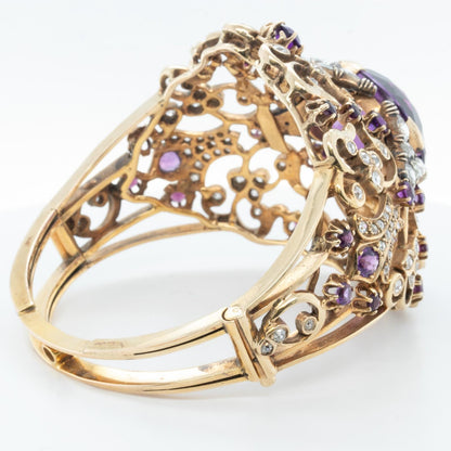 Antique Victorian Ornate Diamond & Gem 14k Yellow Gold Hinged Bracelet Size 6.5"