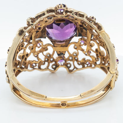 Antique Victorian Ornate Diamond & Gem 14k Yellow Gold Hinged Bracelet Size 6.5"