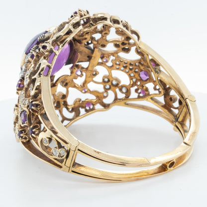 Antique Victorian Ornate Diamond & Gem 14k Yellow Gold Hinged Bracelet Size 6.5"