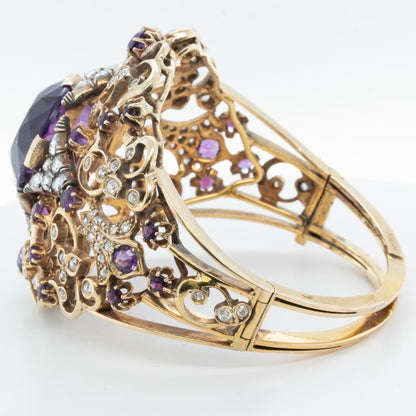 Antique Victorian Ornate Diamond & Gem 14k Yellow Gold Hinged Bracelet Size 6.5"