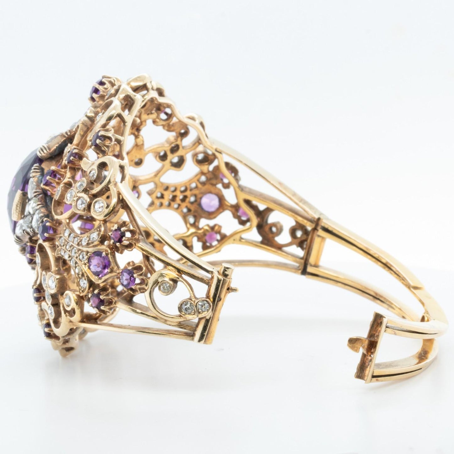Antique Victorian Ornate Diamond & Gem 14k Yellow Gold Hinged Bracelet Size 6.5"