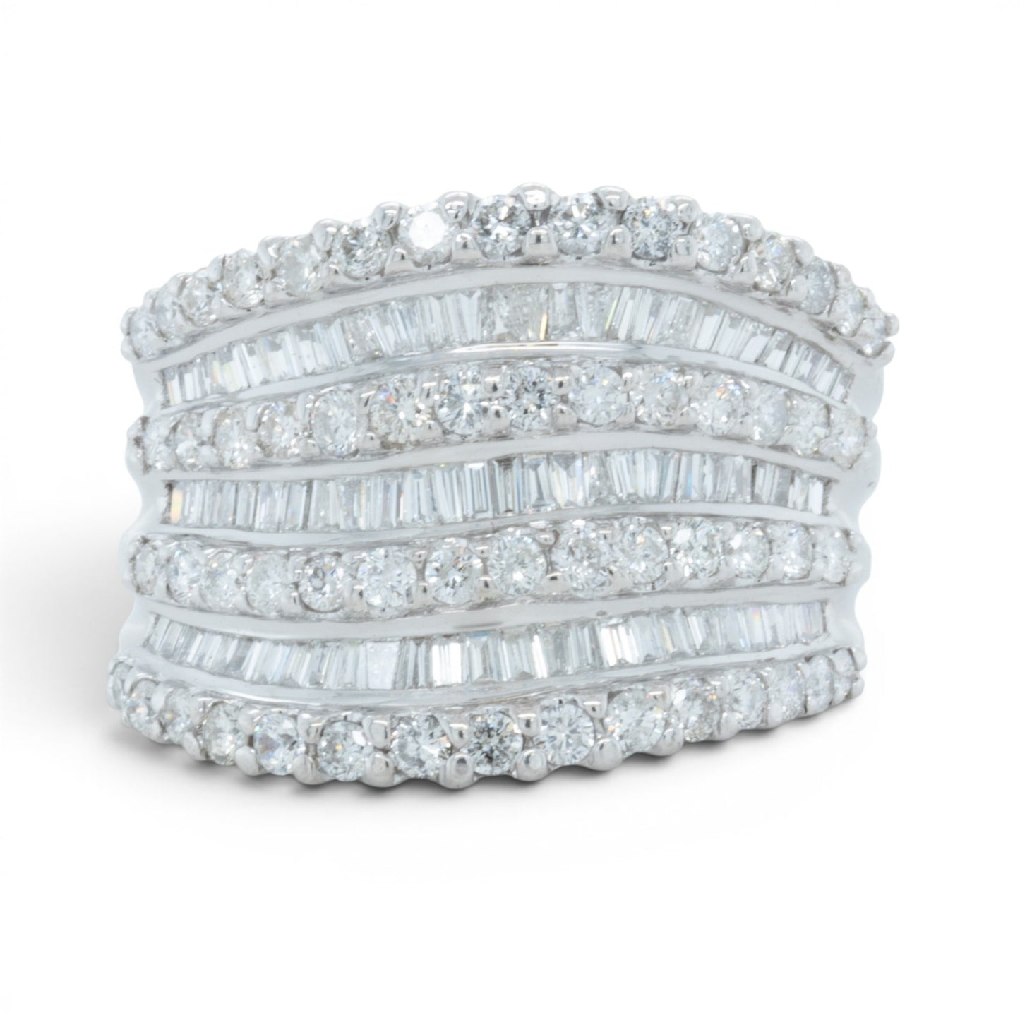 14k White Gold 7 Row Baguette & Round Diamond Ring 1.20ctw H-I I1 Size 7