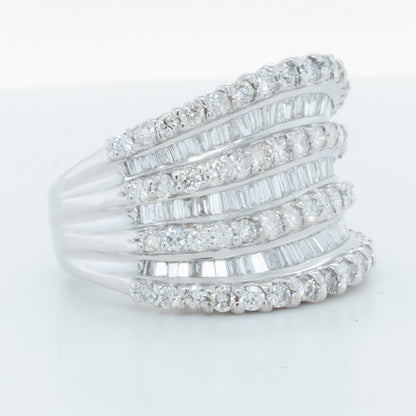 14k White Gold 7 Row Baguette & Round Diamond Ring 1.20ctw H-I I1 Size 7