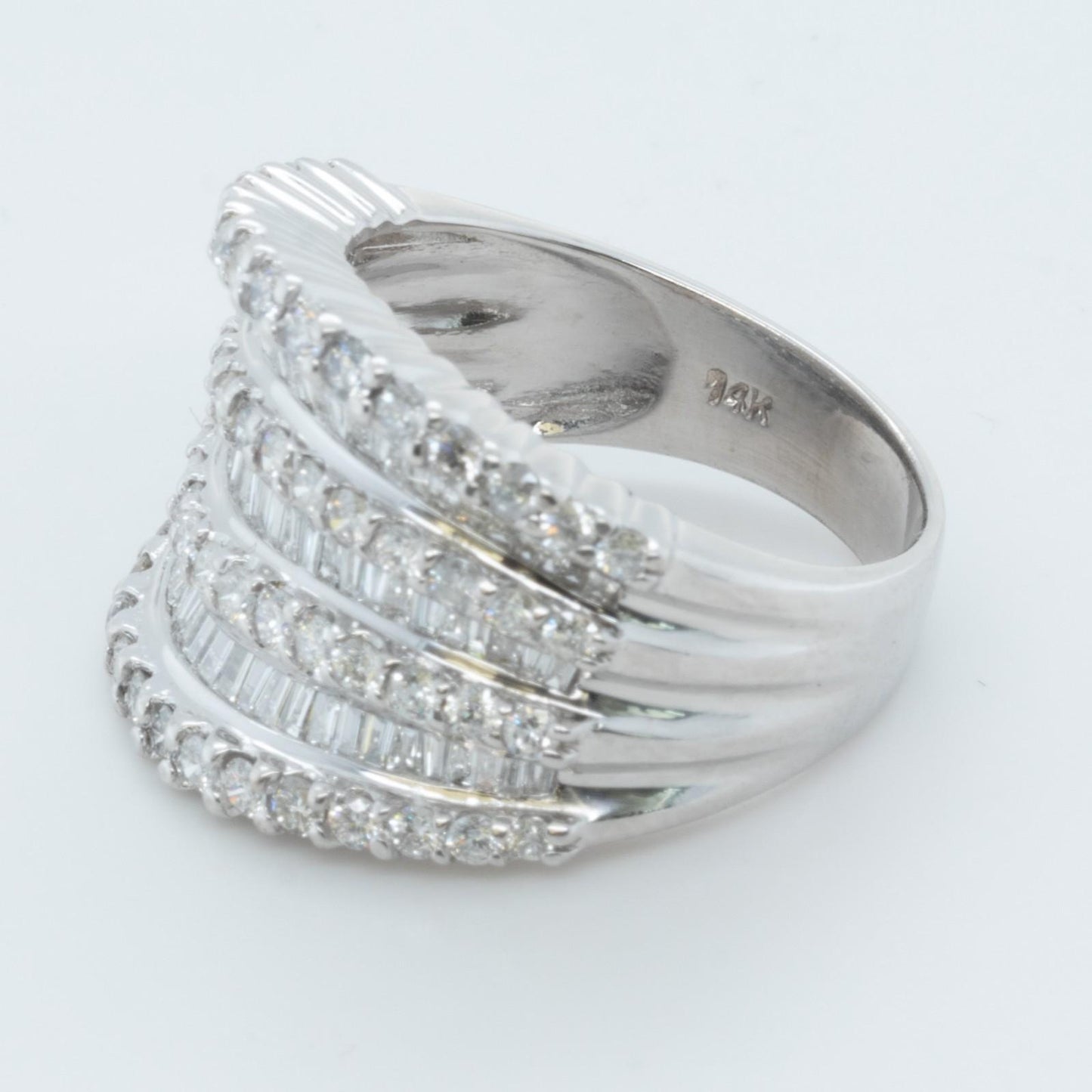 14k White Gold 7 Row Baguette & Round Diamond Ring 1.20ctw H-I I1 Size 7