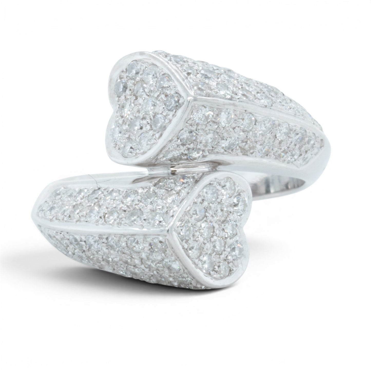 18k White Gold Diamond Sculpted Dual Hearts Bypass Ring 1.00ctw H SI2 Size 7.5