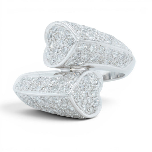 18k White Gold Diamond Sculpted Dual Hearts Bypass Ring 1.00ctw H SI2 Size 7.5