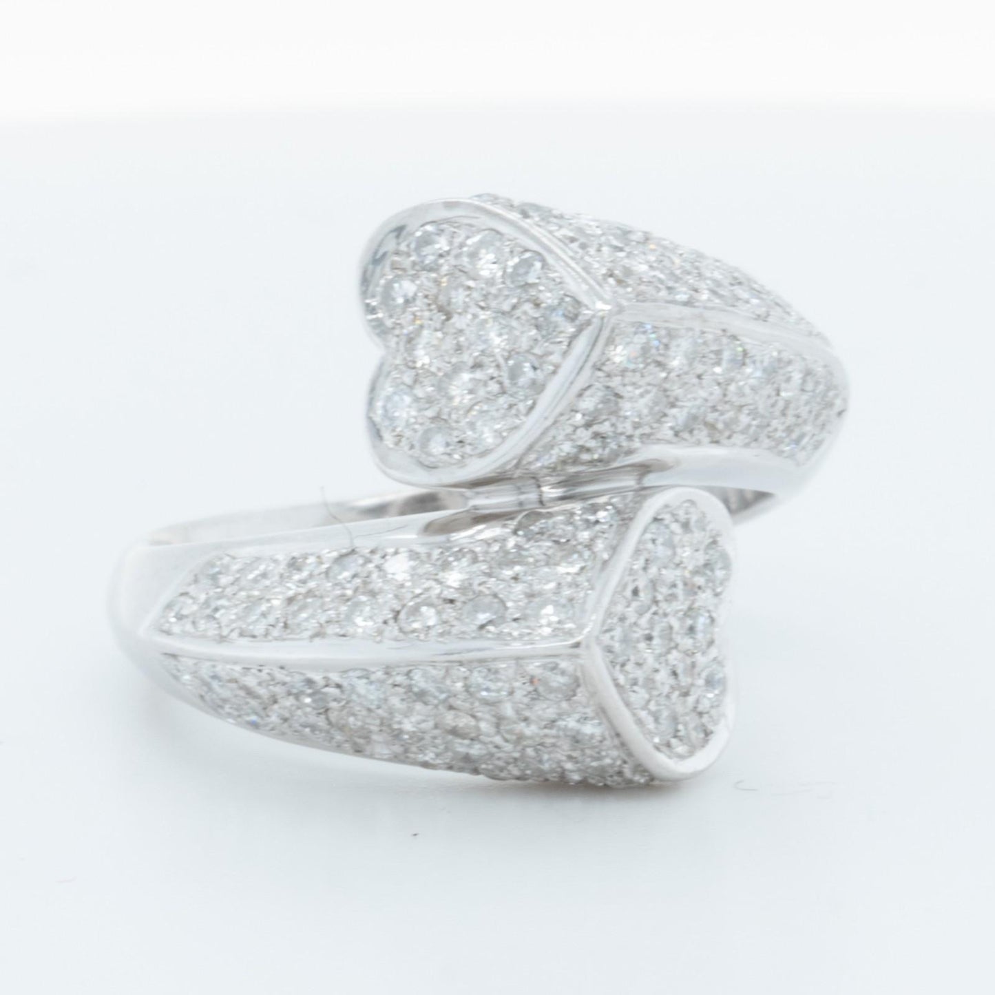 18k White Gold Diamond Sculpted Dual Hearts Bypass Ring 1.00ctw H SI2 Size 7.5